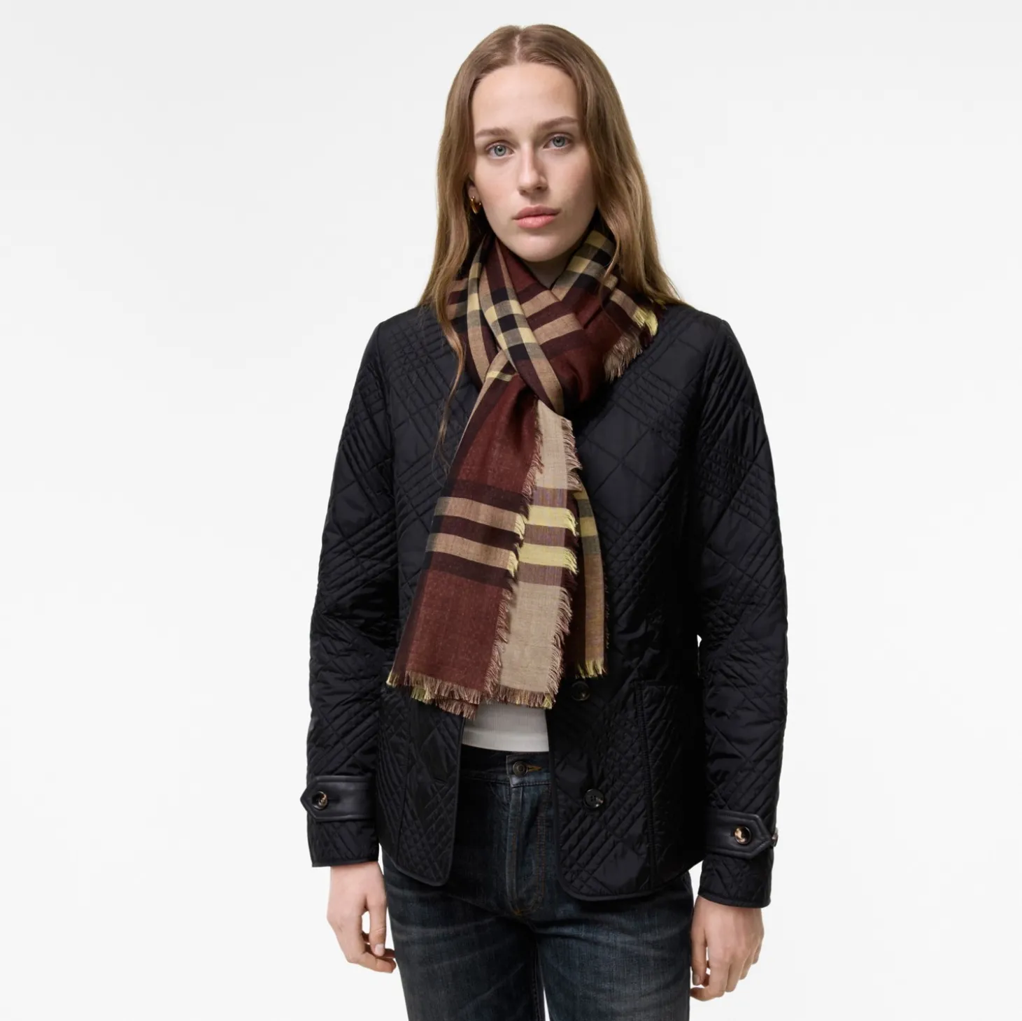 Wide Reversible Check Wool Silk Scarf