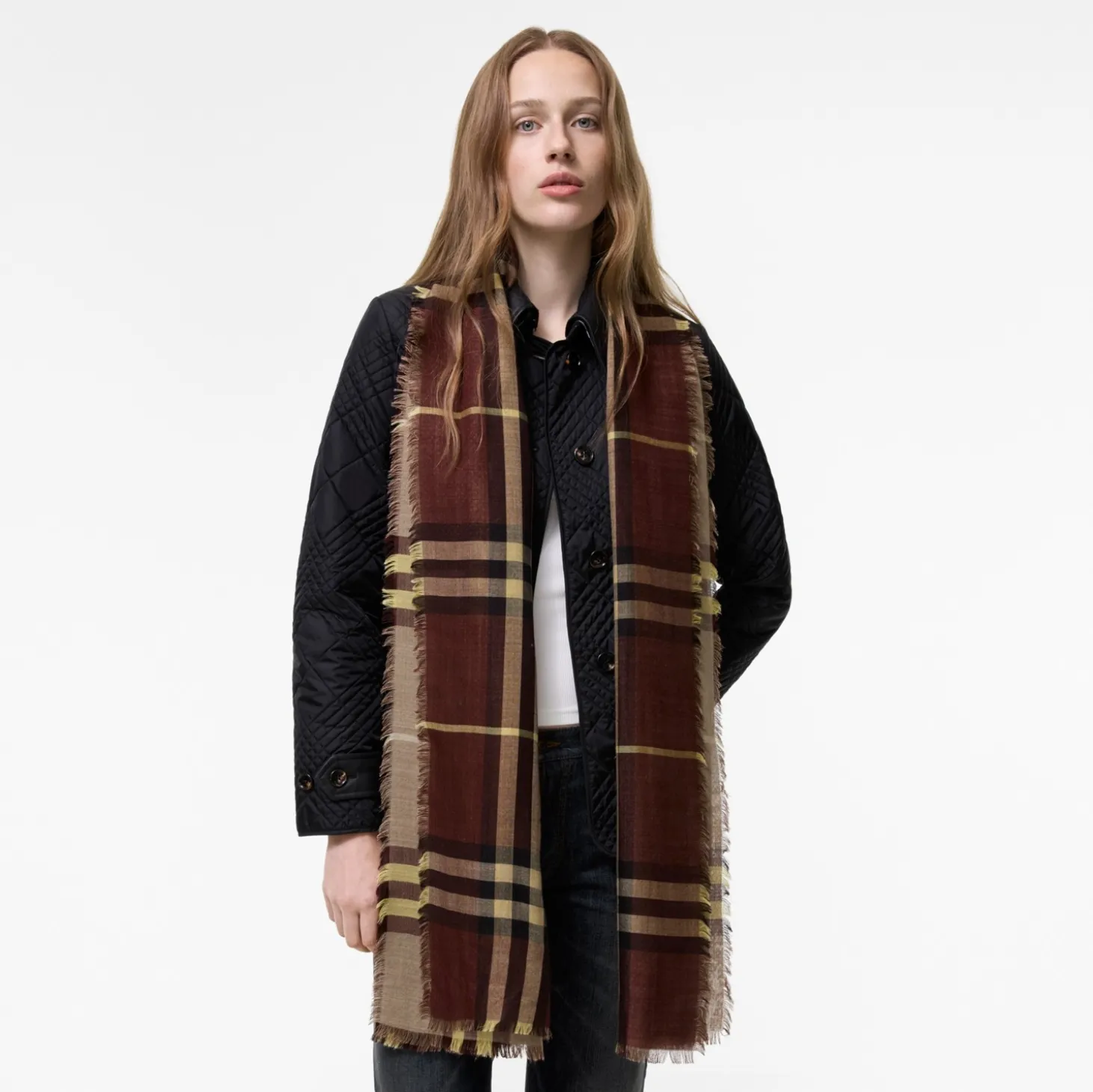 Wide Reversible Check Wool Silk Scarf